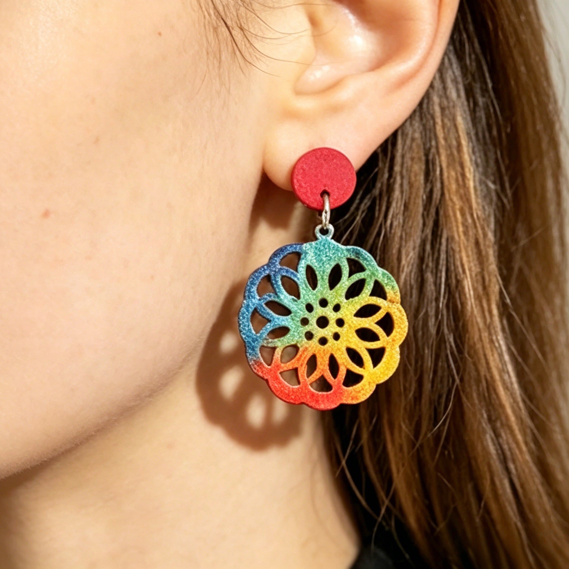 Wholesale Bohemian Rainbow Wood Earrings,  Retro Style Hollow Flower Dangles for Party Wear
