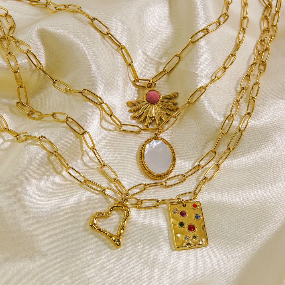 Wholesale Thick chain titanium steel pendant necklace 14K gold inlaid shell natural stone necklace