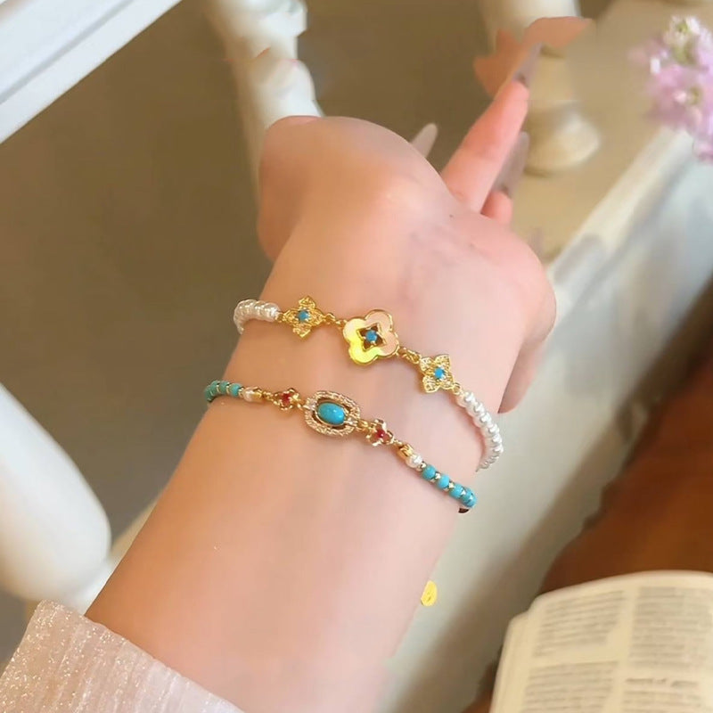 Wholesale Chinese Antique Turquoise Beaded Metal Flower Bracelet Jewelry Accessory for Women