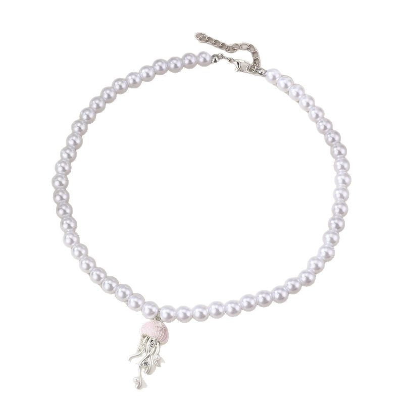 Wholesale pearl necklace metal jellyfish pink cute ocean wind  jewelry