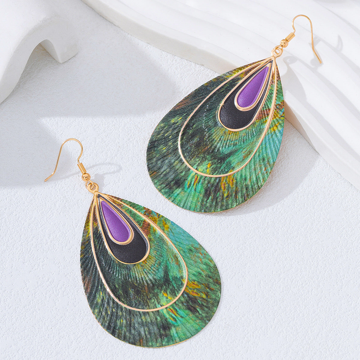 Wholesale Trendy Green Peacock Print Water Drop Earrings For Women Party Jewelry Accessory