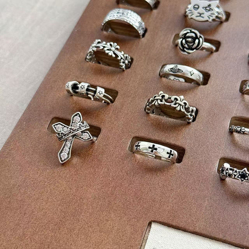 Wholesale Vintage Distressed Cross Ring Copper Zircon Stackable Fashion Accessory