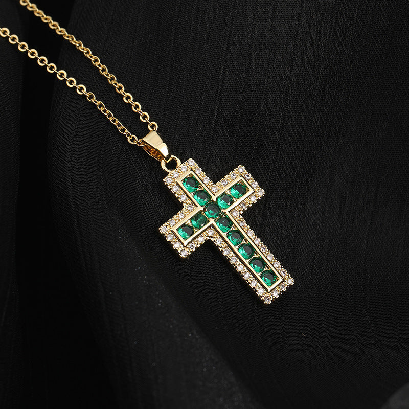 Wholesale Trendy Hip Hop Colorful Cross Pendant Necklace Gold Plated Copper Chain Boutique Jewelry Gift