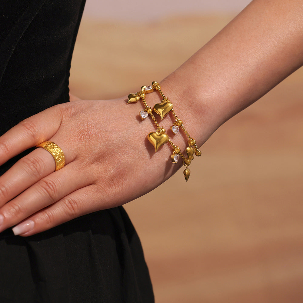 Wholesale Stainless Steel Round Bead Heart Zircon Pendant Bracelet