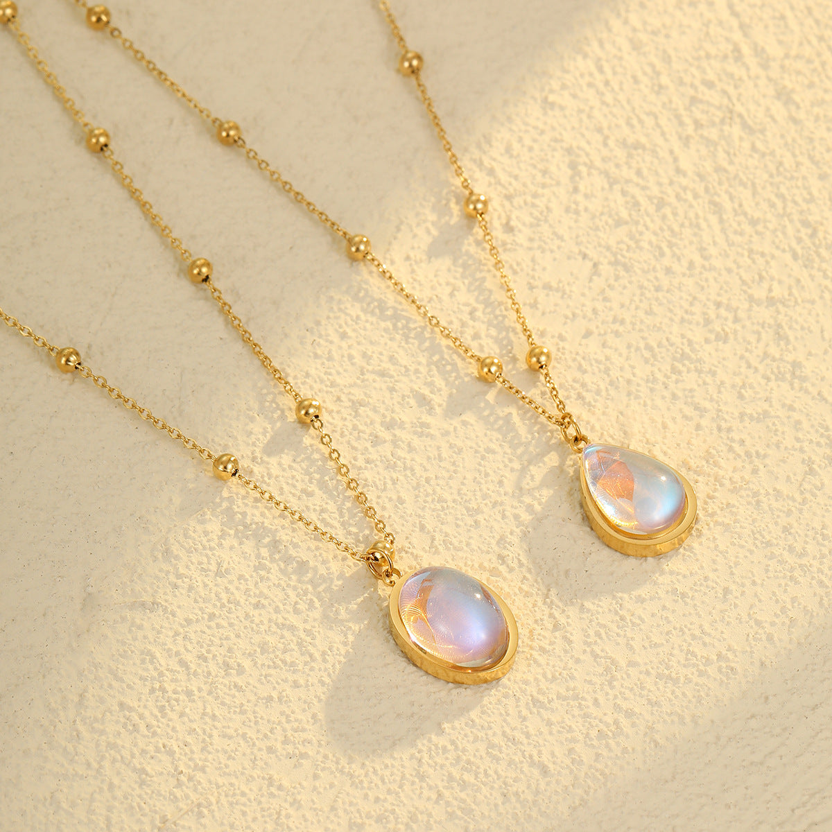 Wholesale stainless steel oval colorful moonstone plated 18K gold female necklace