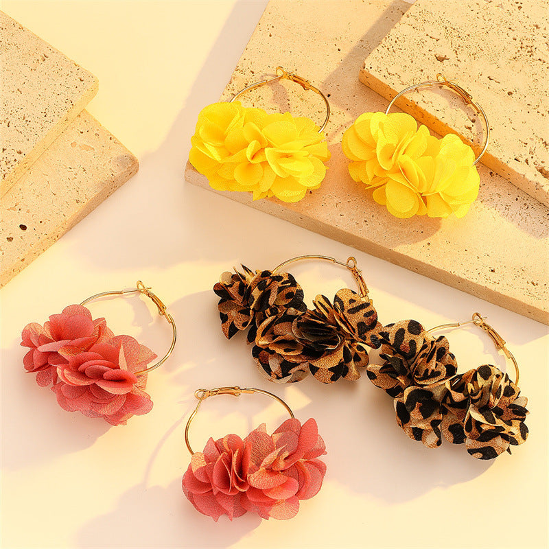 Wholesale Silver Needle Fabric Flower Tassel Earrings