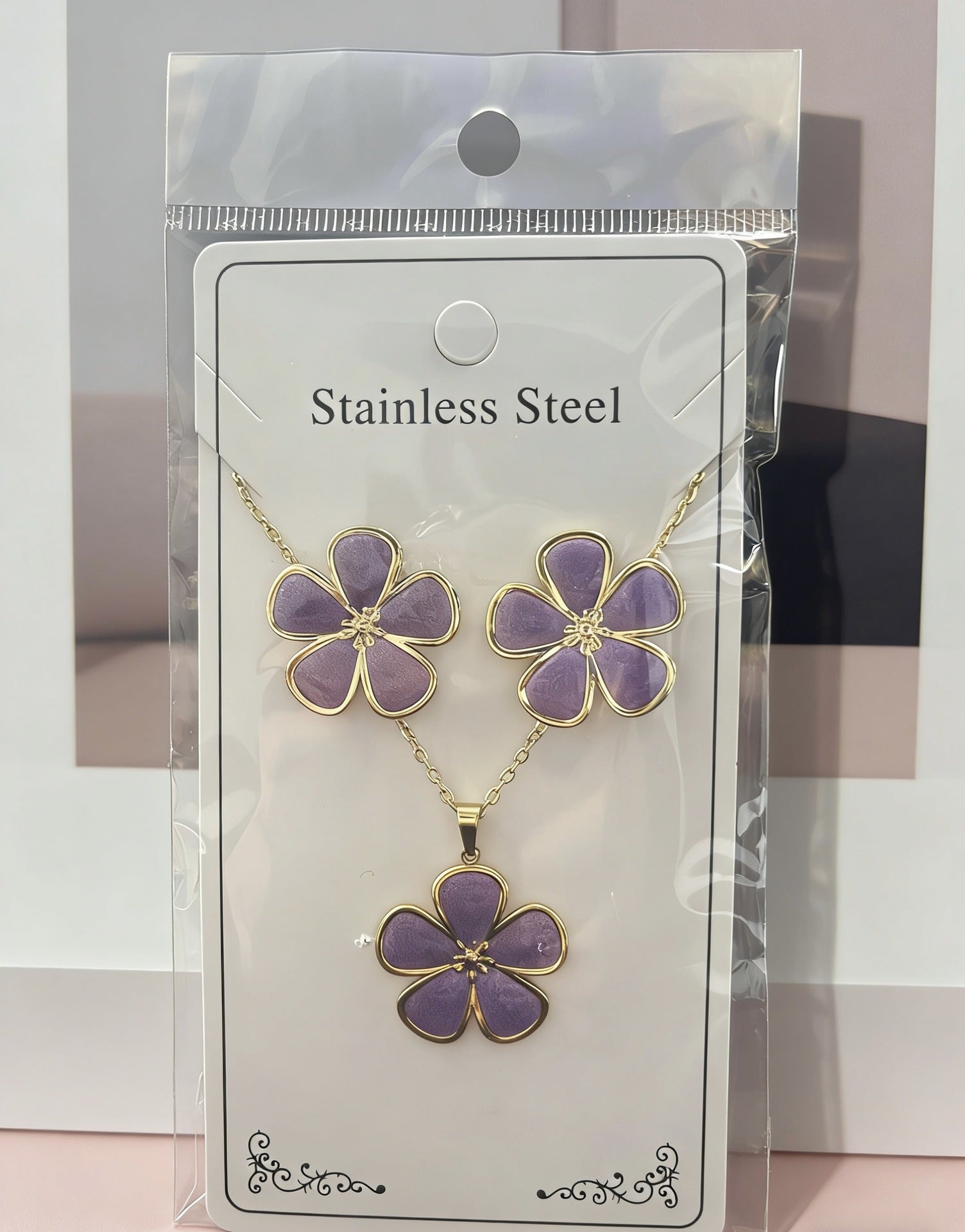 Wholesale Stainless Steel Flower and Teardrop Enamel Earrings and Necklace Set