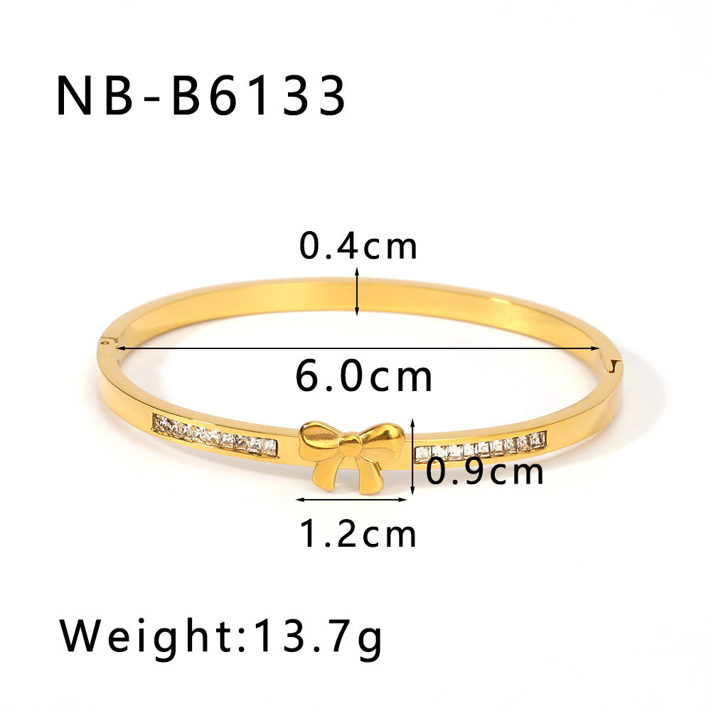 Wholesale Bow Inlaid Zircon Asymmetric Stainless Steel 18k Gold Plated Buckle Bracelet ACC-BT-XinY028