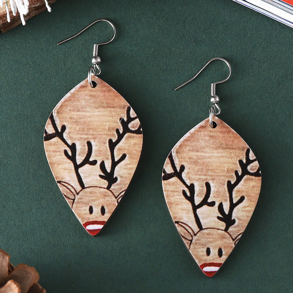 Wholesale Christmas Winter Elk Geometric Pendant Wooden  Earrings