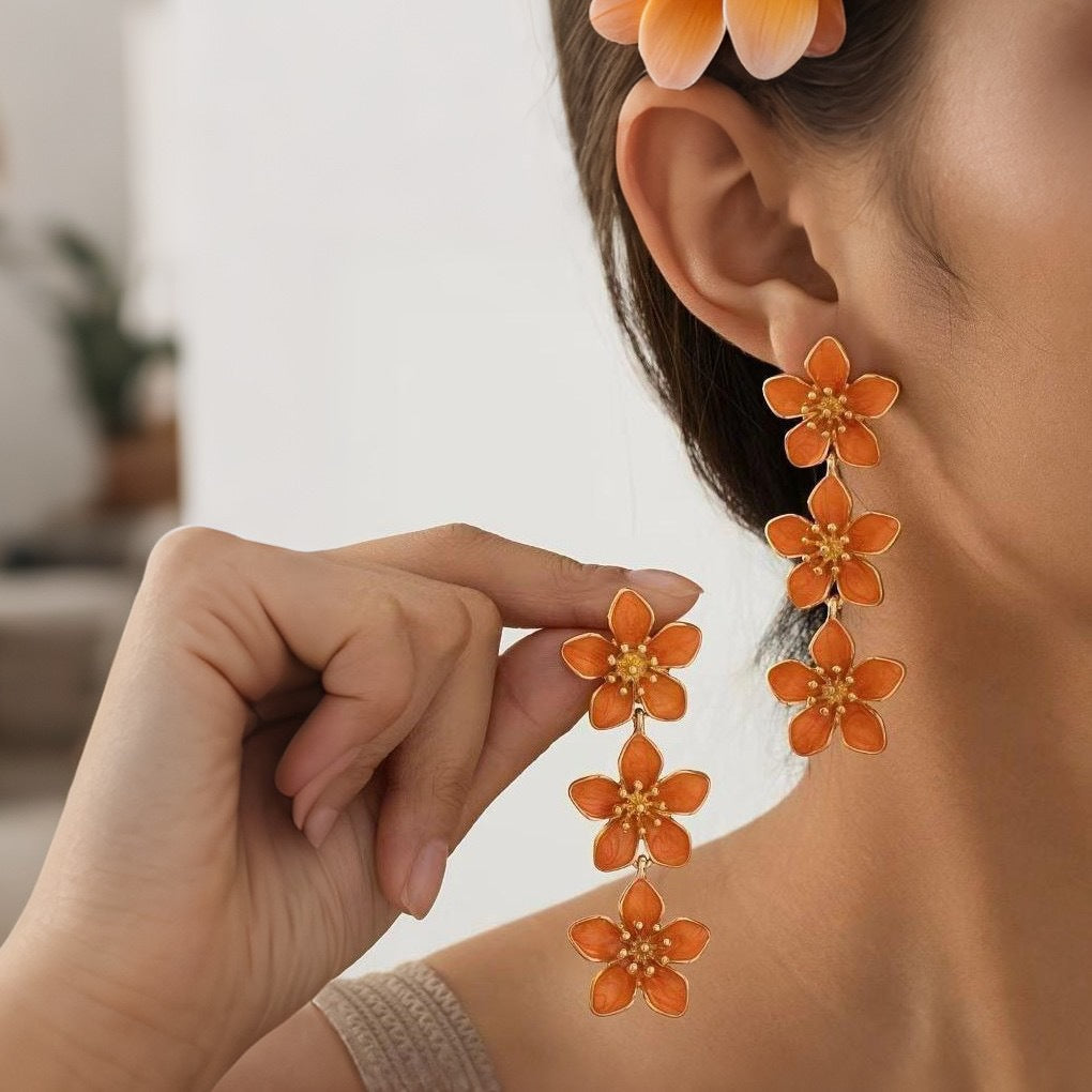 Wholesale sweet and elegant colorful drip flower earrings for women  retro long tassel flower earrings