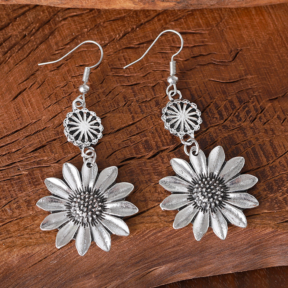 Wholesale Retro Three-dimensional Sunflower Pendant Earrings