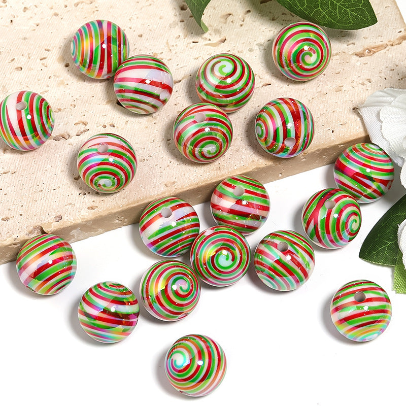 Wholesale 100pcs Christmas Acrylic Round Beads Candy Stripe Spiral Printing Diy Accessories ACC-BDS-BLG103