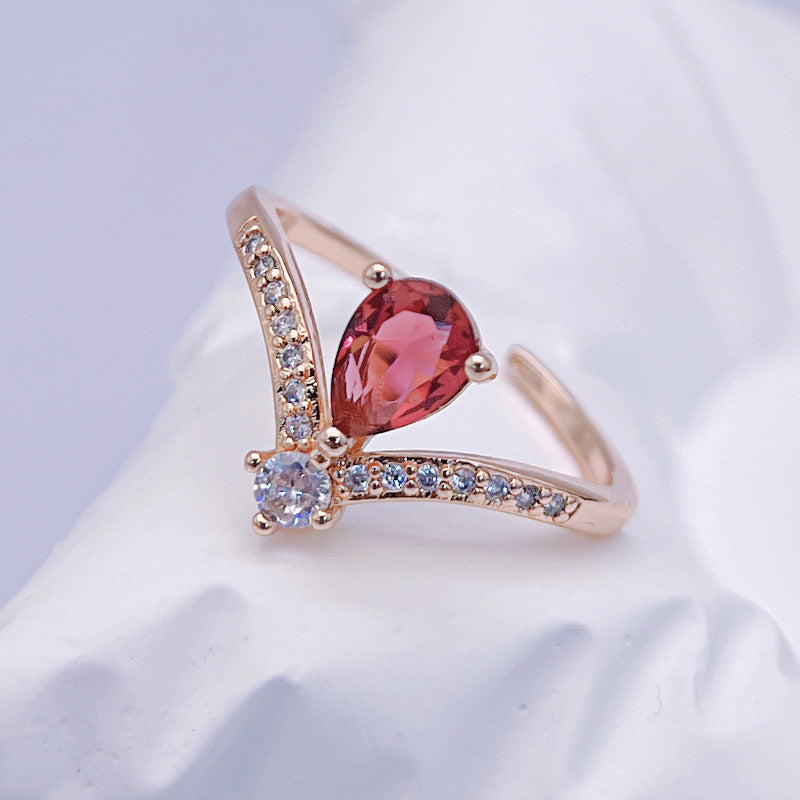 Wholesale Light Luxury Pomegranate Red V-shaped Copper Rings ACC-RS-YXY012