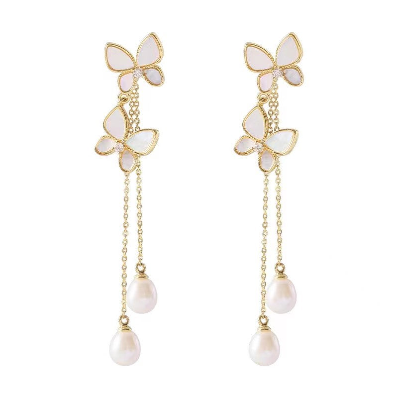 Wholesale Pearl Earrings  Butterfly Long Tassel Earrings