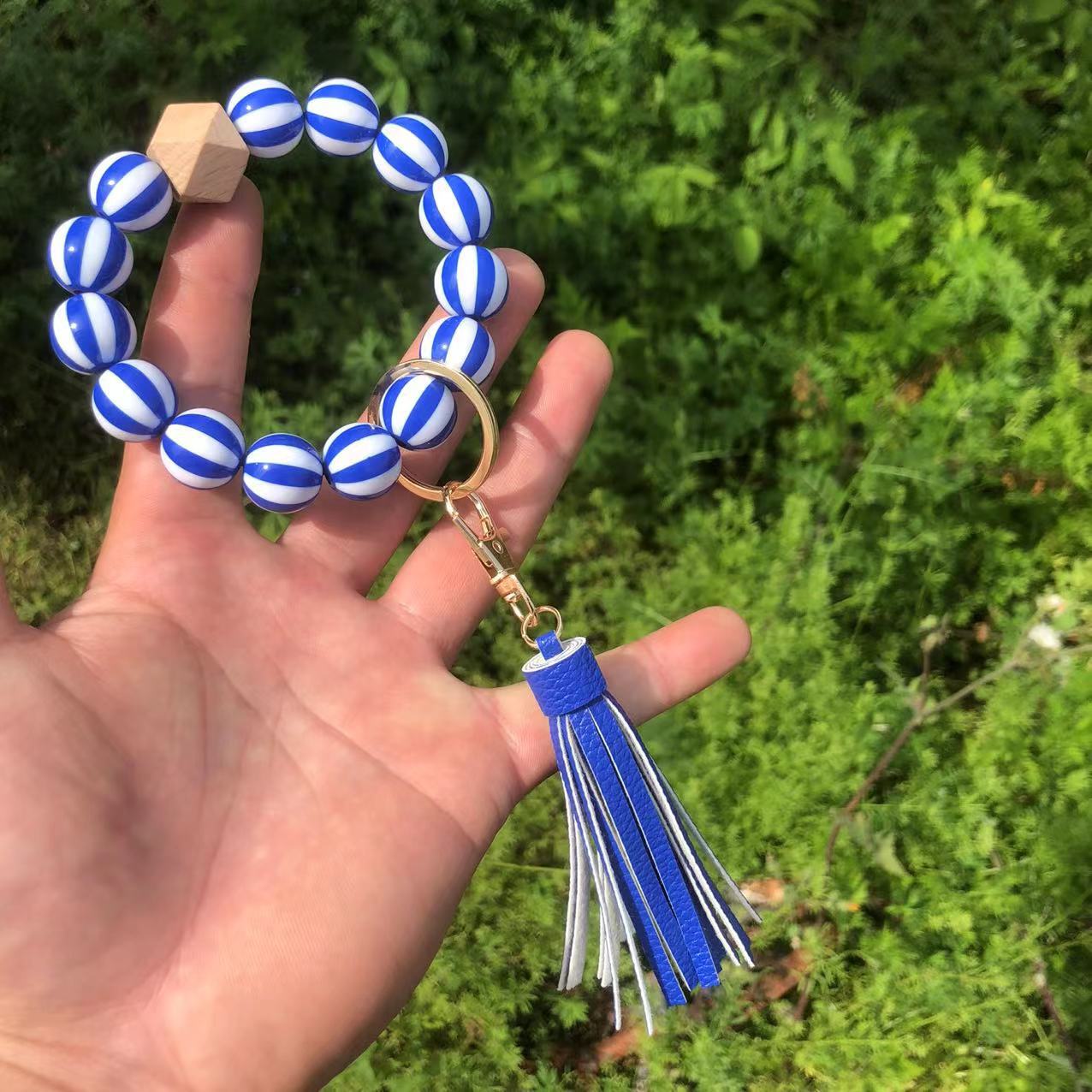 Wholesale American Independence Day Wooden Beads Tassel Wristlet Keychain ACC-KC-QiuXue013