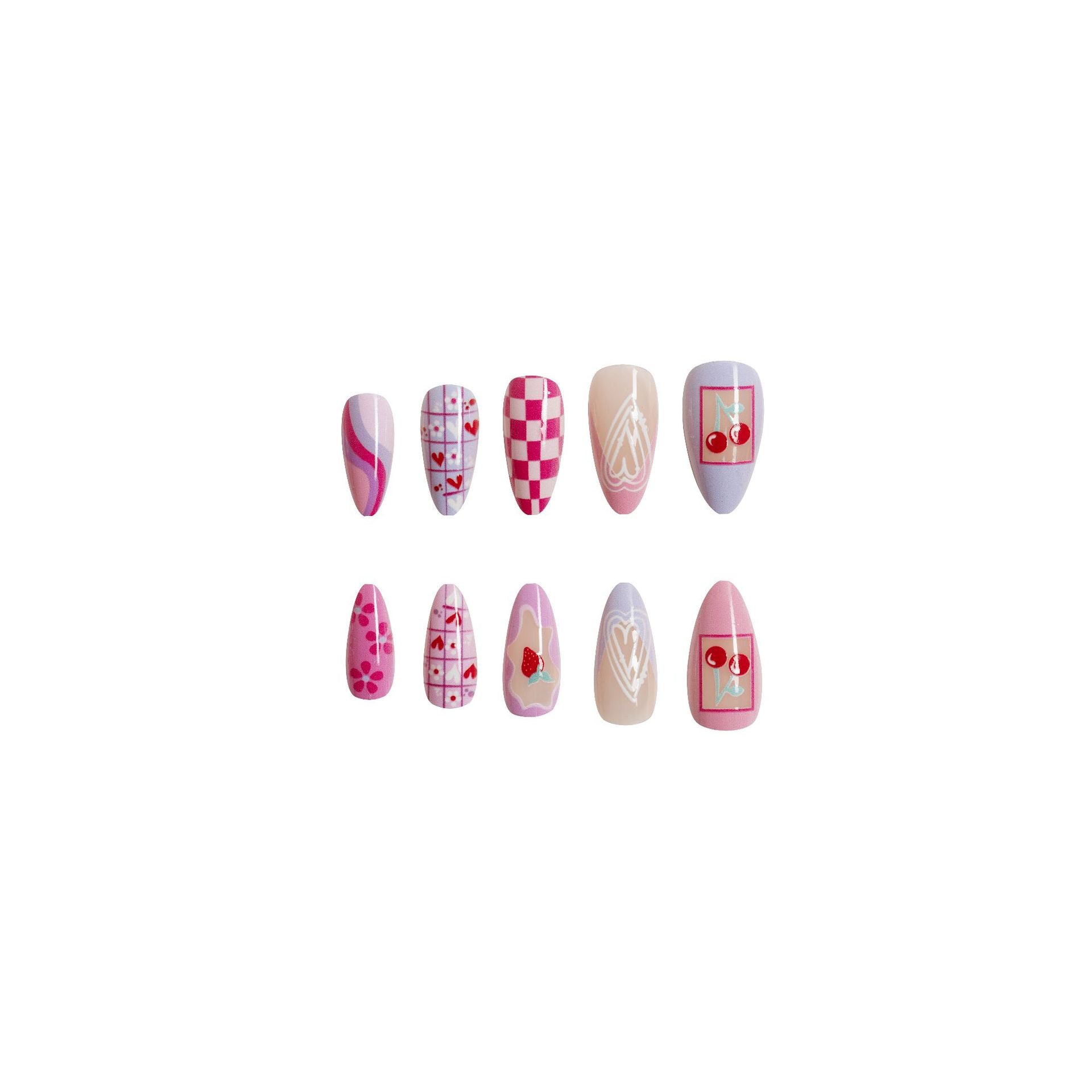 Wholesale 24 Pieces/box Glossy Pink Love Plaid Manicure Press-on Nails Kits ACC-NS-GuaiXL008