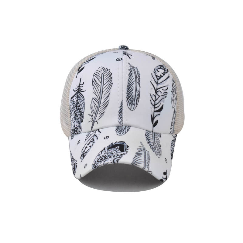 Wholesale Fashion Women S Feather Print Ponytail Baseball Cap With Adjustable Back Opening