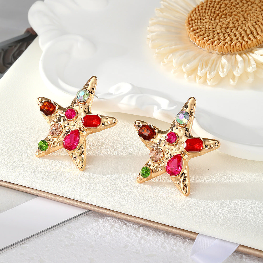 Wholesale Vintage Starfish Crystal Earrings Gold Tone Zinc Alloy Fashion Accessory
