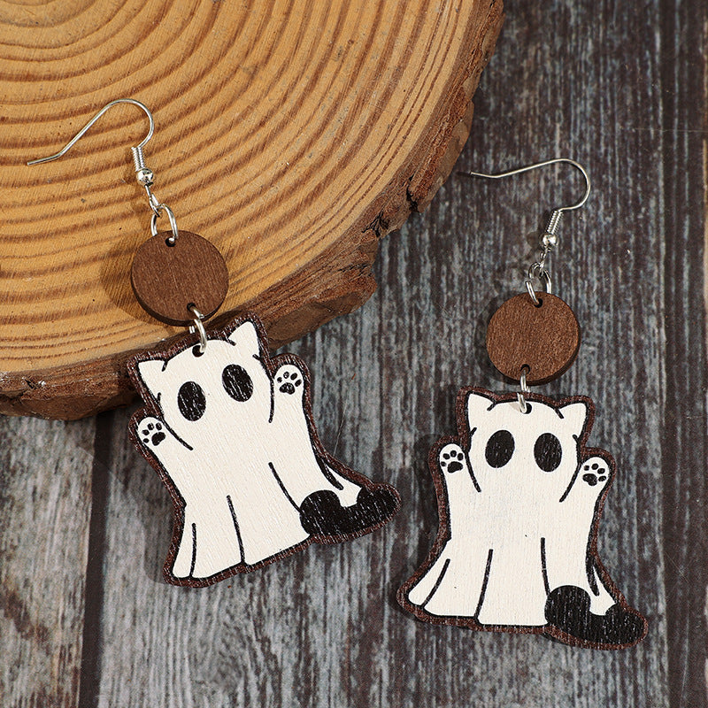 Wholesale  Ghost Cat Wooden Quirky and Cute Earrings
