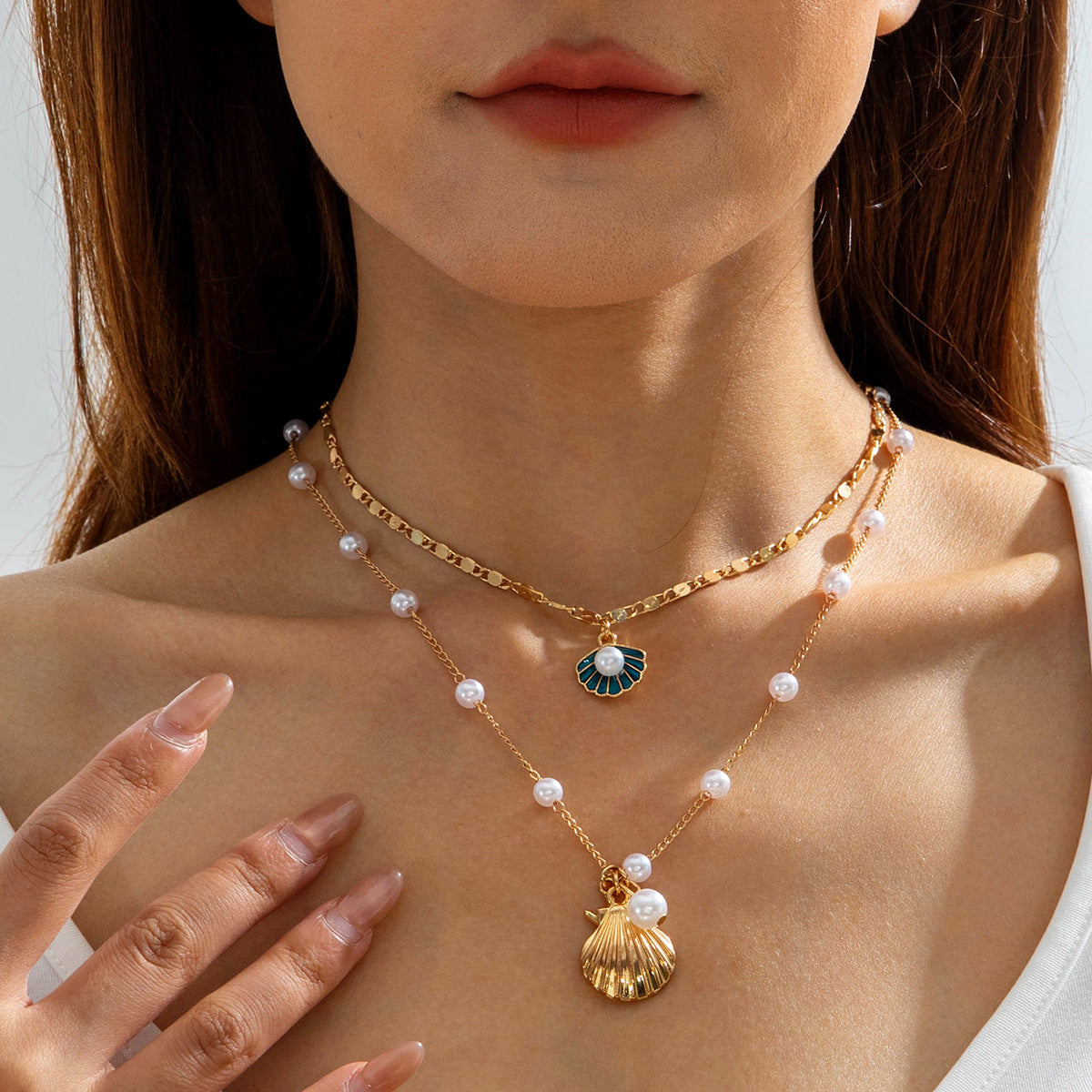 Wholesale  Pearl Necklace Starfish Shell Retro Vacation Niche Multi-layer Necklace