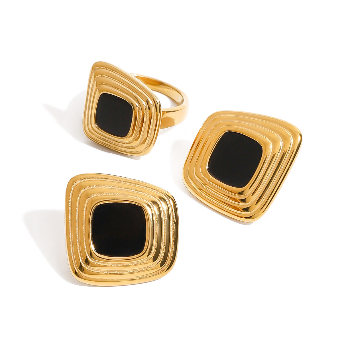 Wholesale  18K gold stainless steel black resin geometric rib irregular square rings