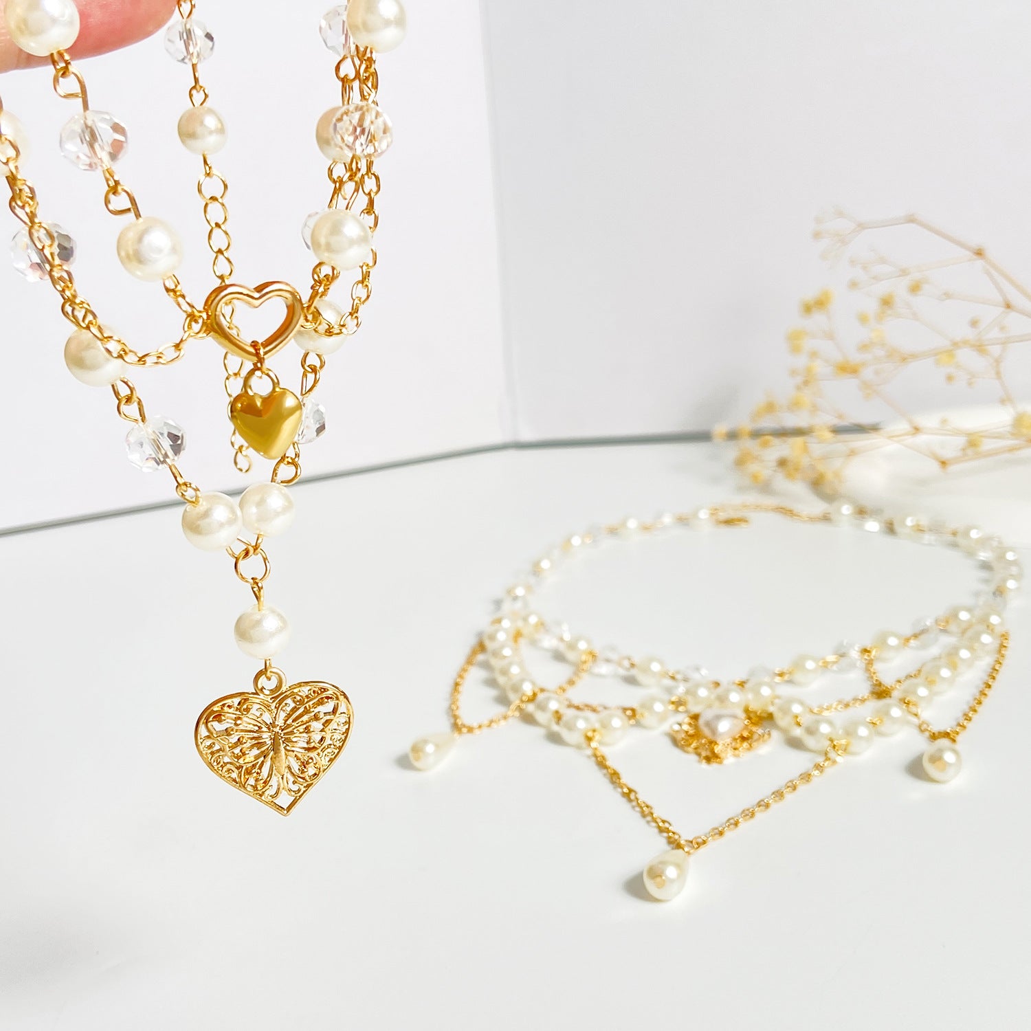 Wholesale Fashion Layered Imitation Pearl Cross Heart Butterfly Necklace Alloy Jewelry for Women