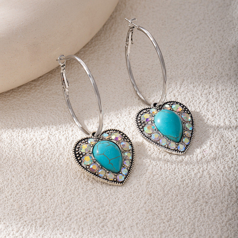 Wholesale Bohemian Heart-Shaped Turquoise Earrings with Diamond-Like Accents - Trendy Everyday Jewelry Accessory