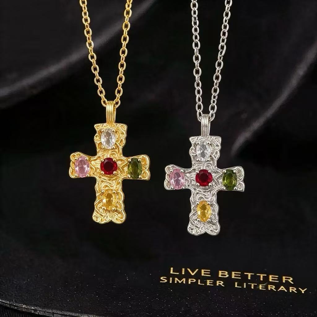Wholesale Gold Tone Copper Zircon Cross Pendant Necklace Trendy Lava Cross Design Fashion Jewelry Accessory For Women Boutique Resale