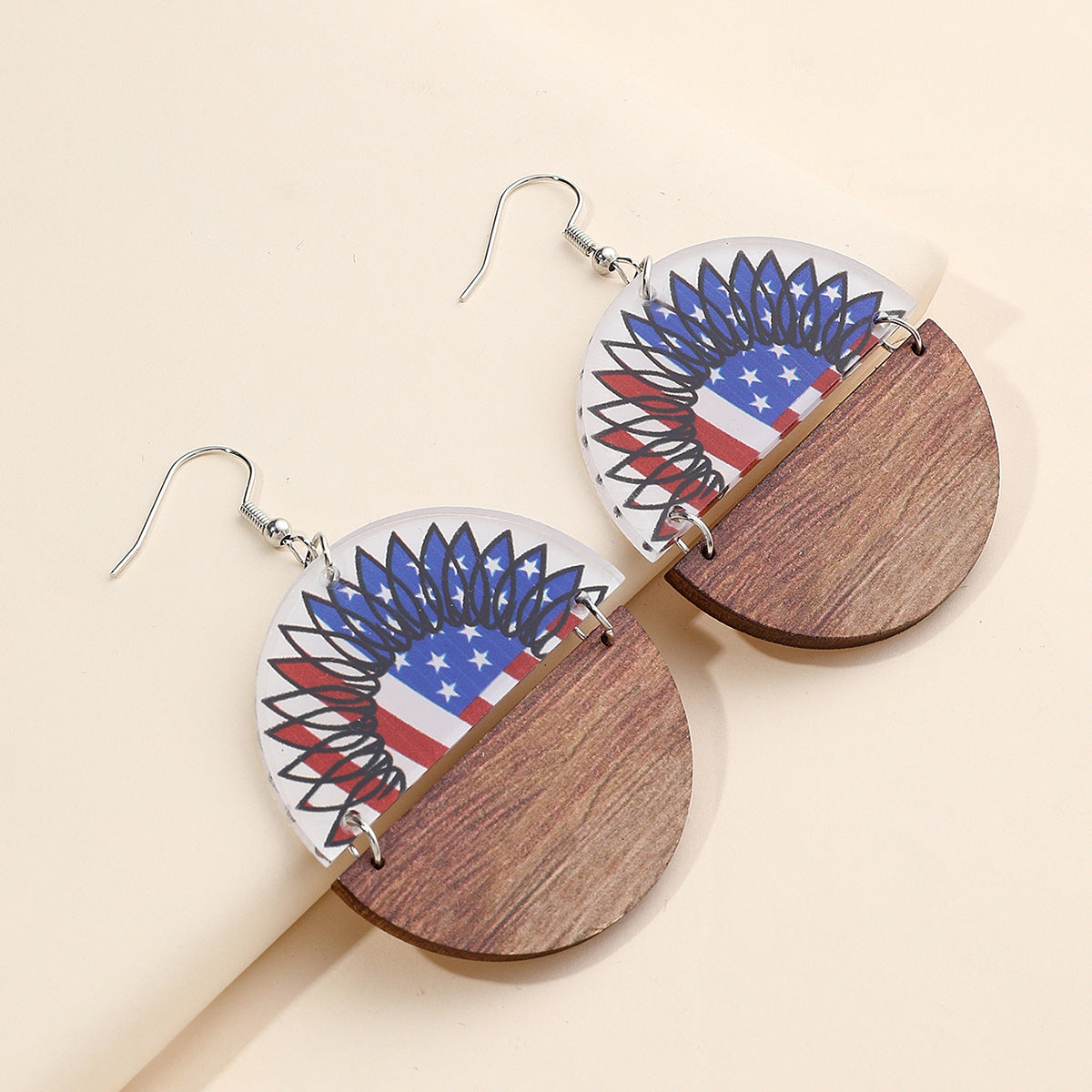 Wholesale Semi-circular wooden acrylic splicing American Independence Day National Day female earrings