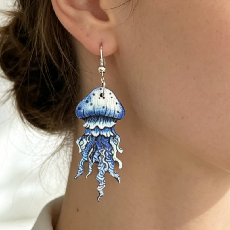 Wholesale Vintage Wooden Earrings Blue White Jellyfish Ocean Gradient Boutique Resale