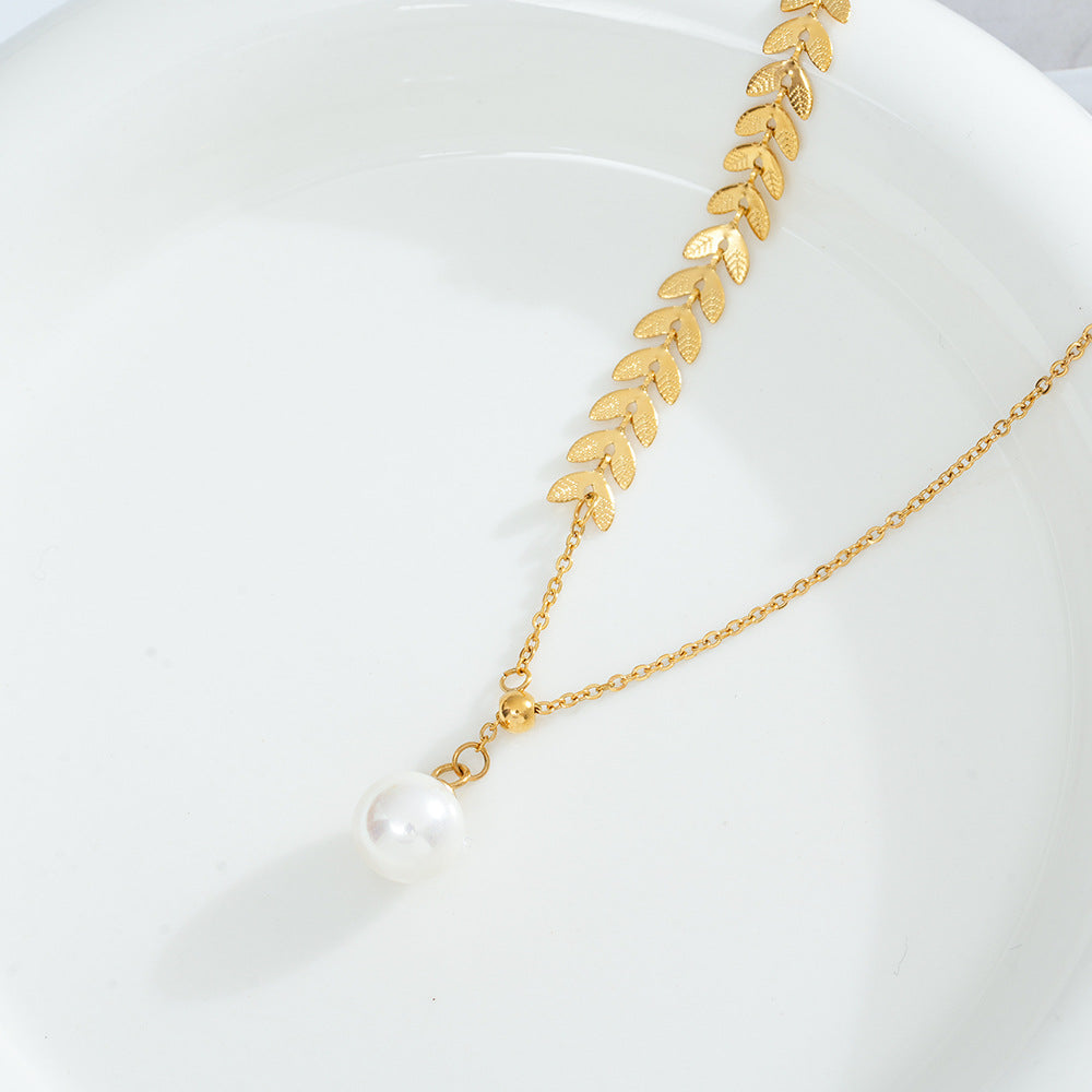 Wholesale Titanium Steel Asymmetric Wheat Pearl Clavicle Chain Necklace,  Fashion Jewelry Gift for Boutique Resale