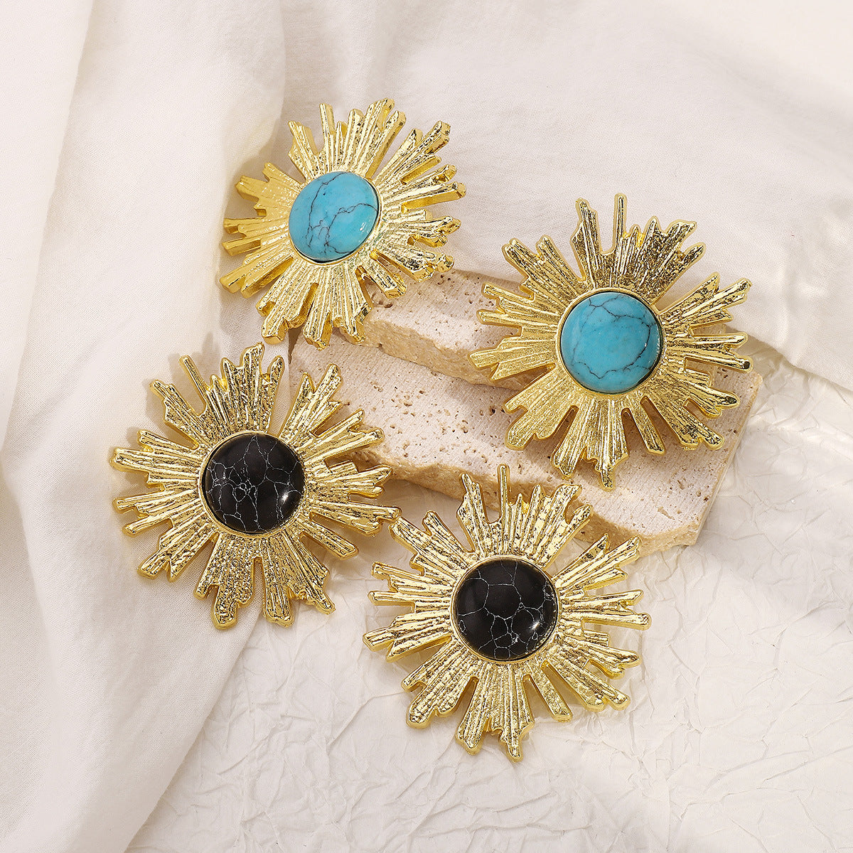 Wholesale  vintage Niche Vintage Design Sunflower Earrings Exaggerated Turquoise Earrings