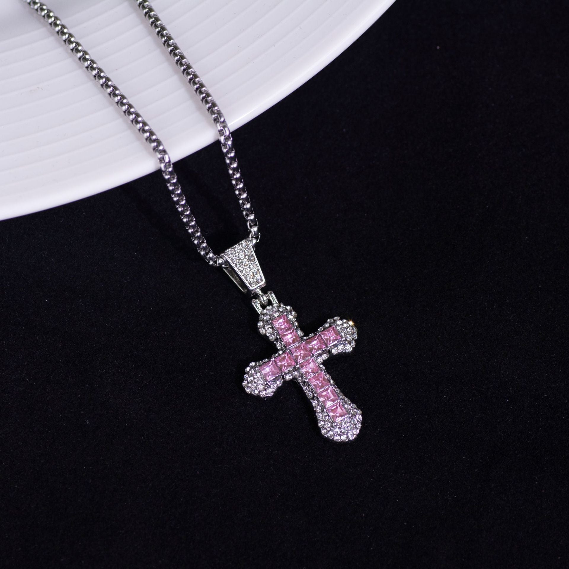 Wholesale Titanium Steel Hip Hop Cross Pendant Necklace Zircon Studded Sweater Chain For Everyday Wear
