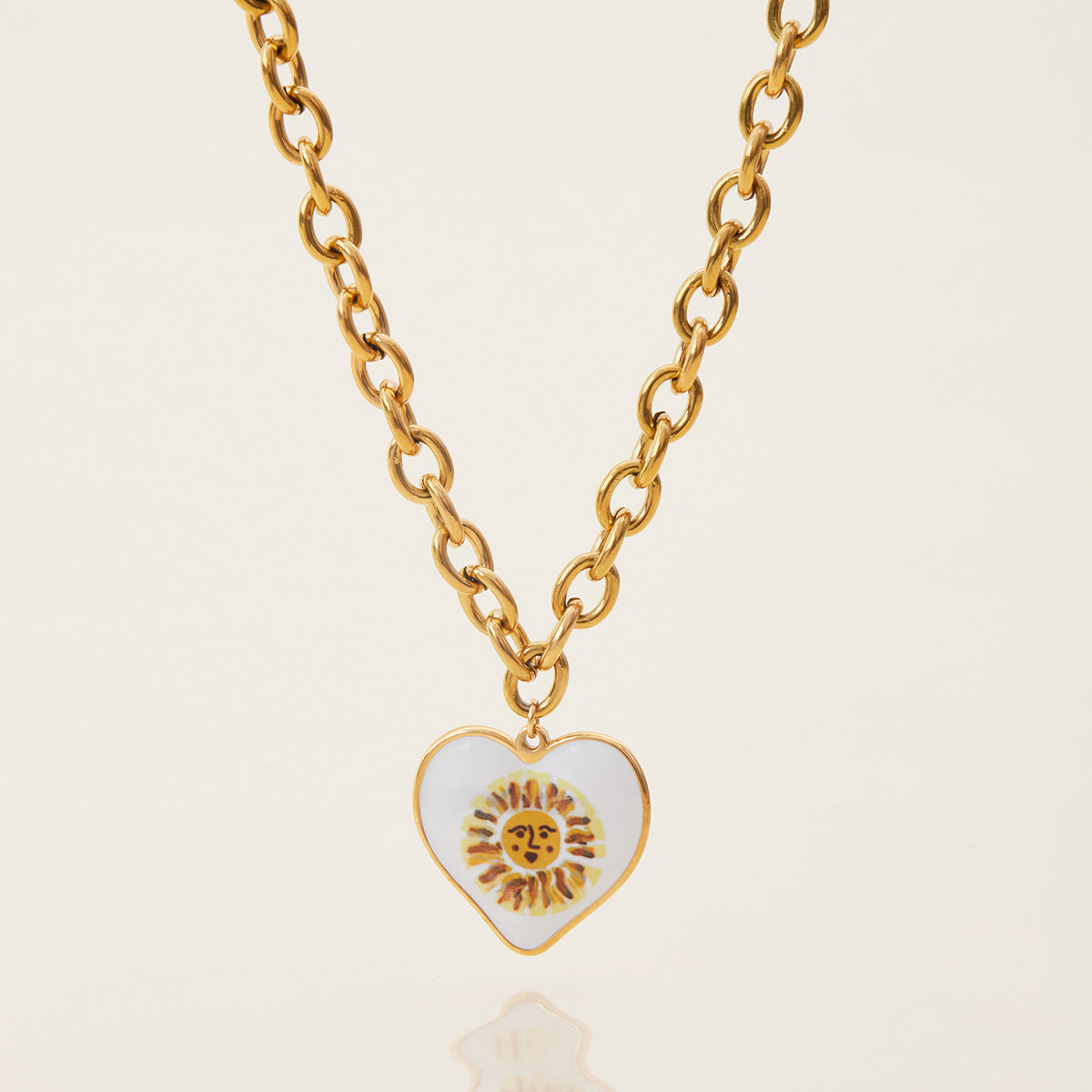 Wholesale  18K Gold Stainless Steel Oil Drop Printed Heart Face Pendant Versatile Necklace