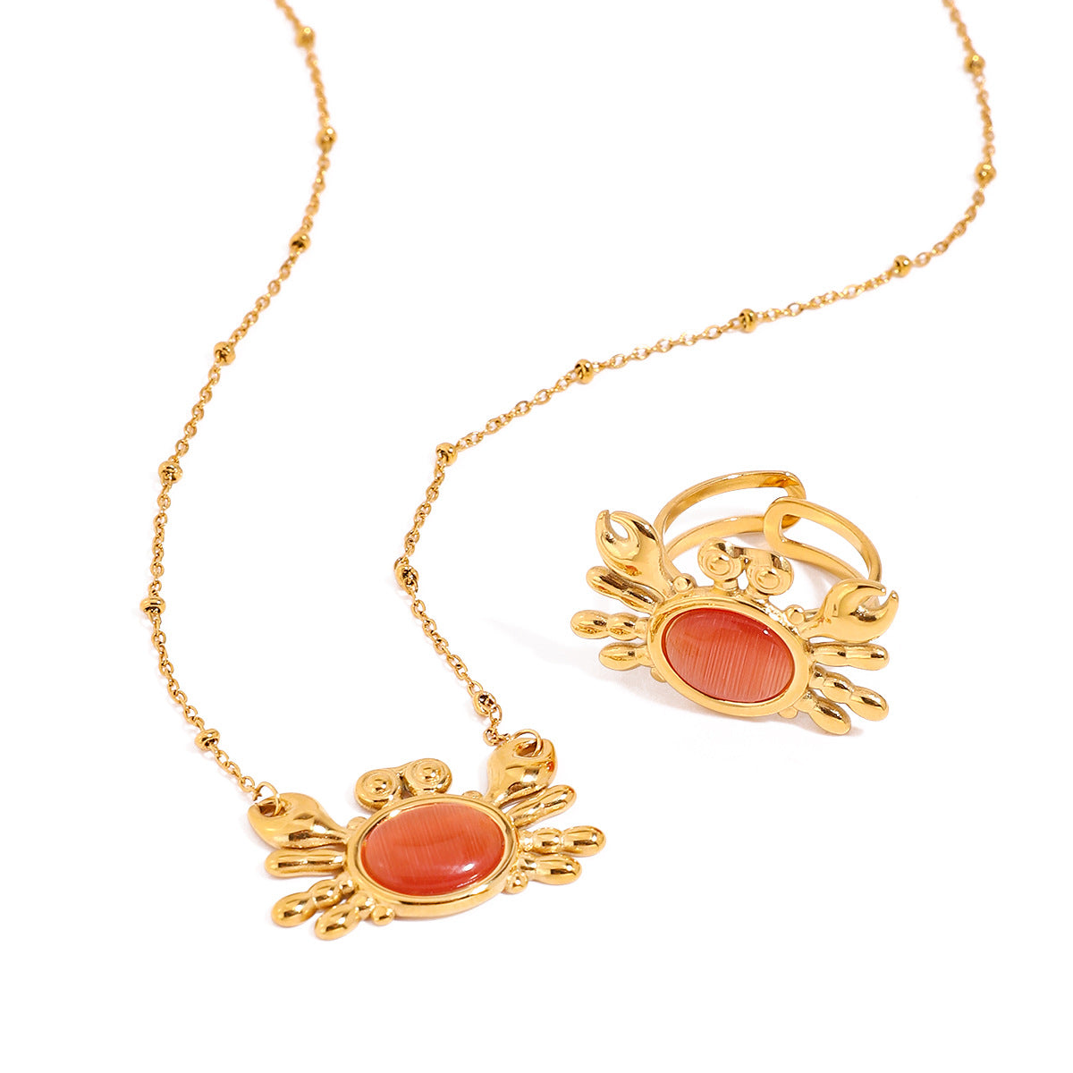 Wholesale 18K gold stainless steel red cat eye crab pendant chain necklace