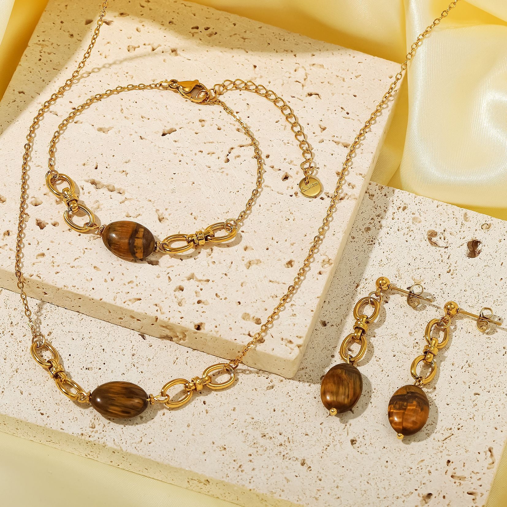 Wholesale Stainless steel natural stone gold-plated necklace earrings and bracelet set