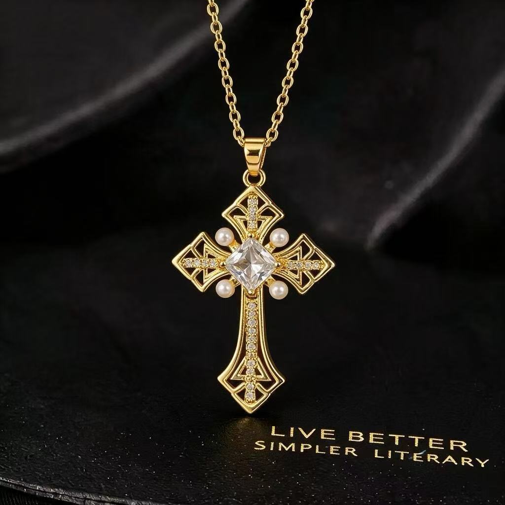 Wholesale Fashion Faux Pearl Cross Pendant Necklace Gold Tone Zircon Crystal Collar Chain Stylish Jewelry Accessory