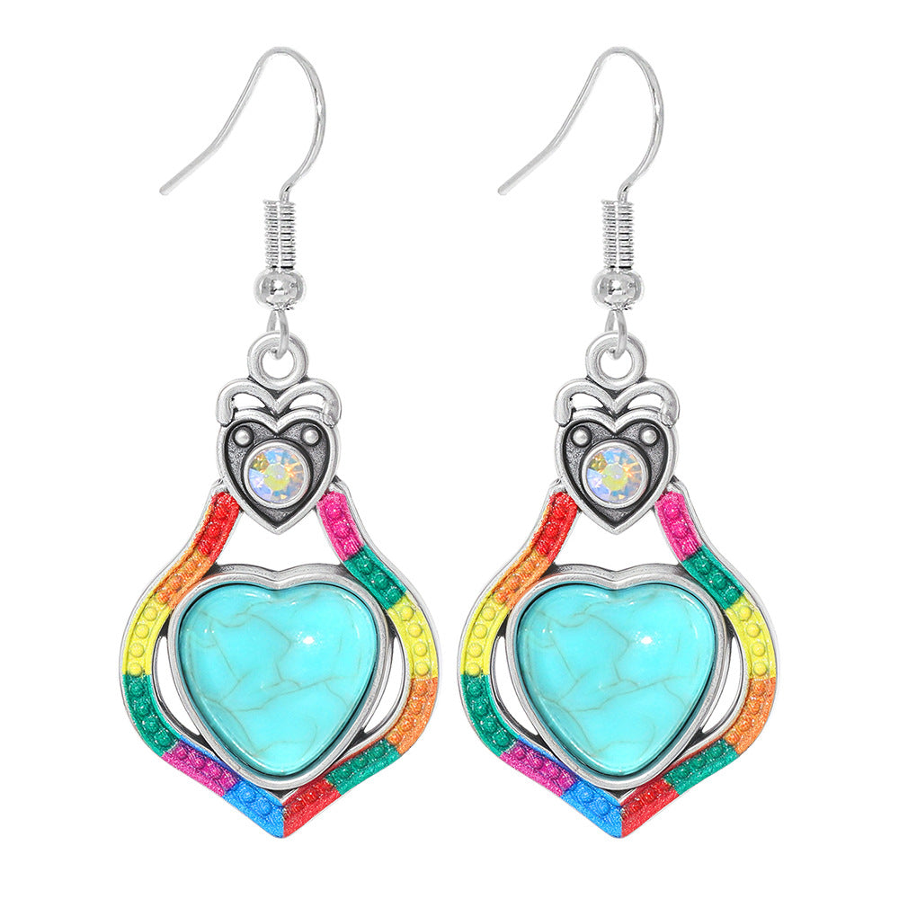 Wholesale Turquoise Geometric Tassel Earrings Antique Silver Retro Fashion Accessory for Everyday Wear or Gift