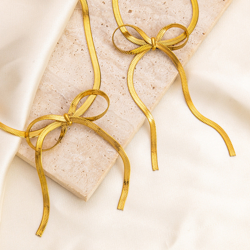 Wholesale 18K Gold Stainless Steel Bow Pearl Necklace Bracelet Set ACC-NE-YuHui009