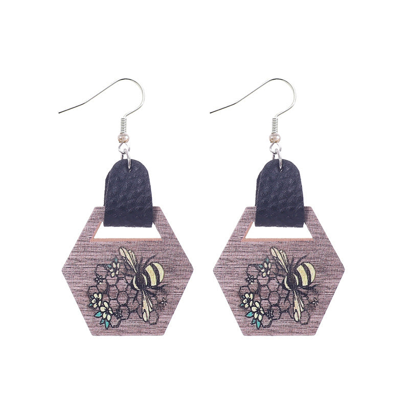 Wholesale Sunflower Bee Pattern Wood Drop Earrings