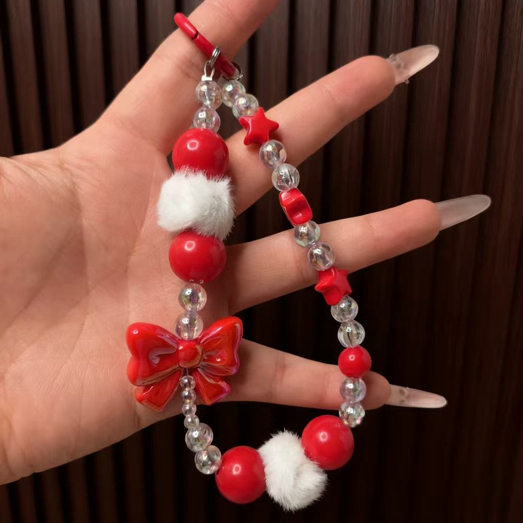 Wholesale Acrylic Christmas Red Bow Beaded Keychain,  Cute Bag Charm with Tassel,  Trendy Phone Accessory for Everyday Use