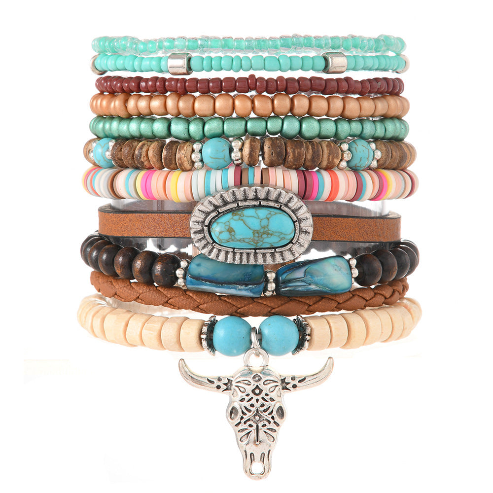 Wholesale Alloy bull head polymer clay nut shell woven multi-layer bracelet