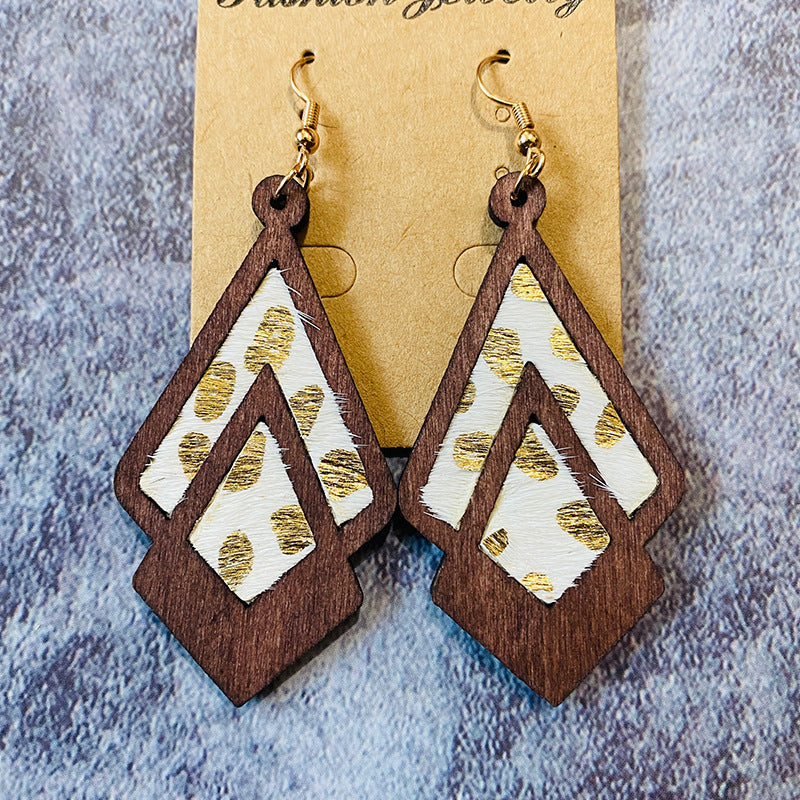 Wholesale  Western retro wooden earrings leopard print milk pattern inlaid earrings