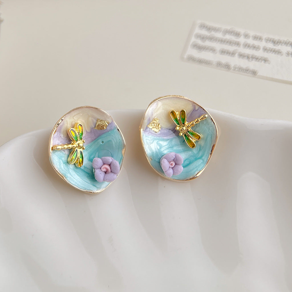 Wholesale Copper Blue Enamel Drip-Glazed Flower Earrings,  Fresh Floral Pearl Studs,  Fashion Accessory