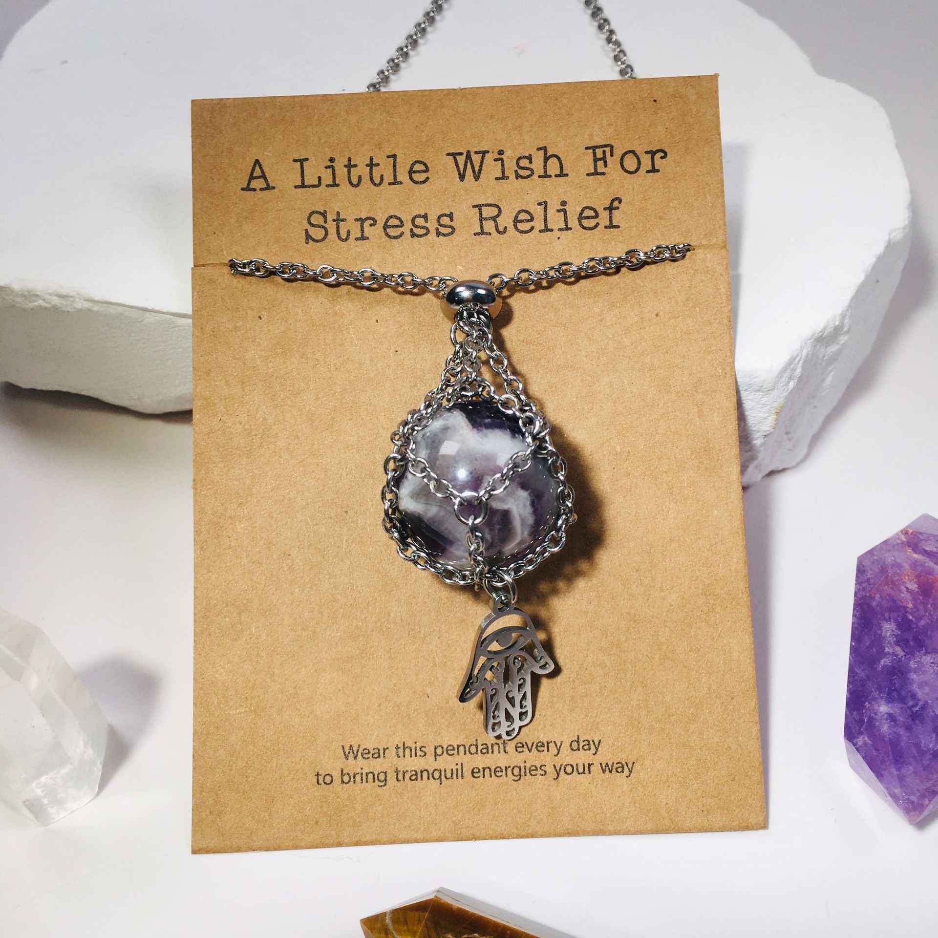 Wholesale Fatima Palm Replaceable Crystal Natural Stone Adjustable Metal Mesh Pocket Necklace ACC-NE-RongGuan004