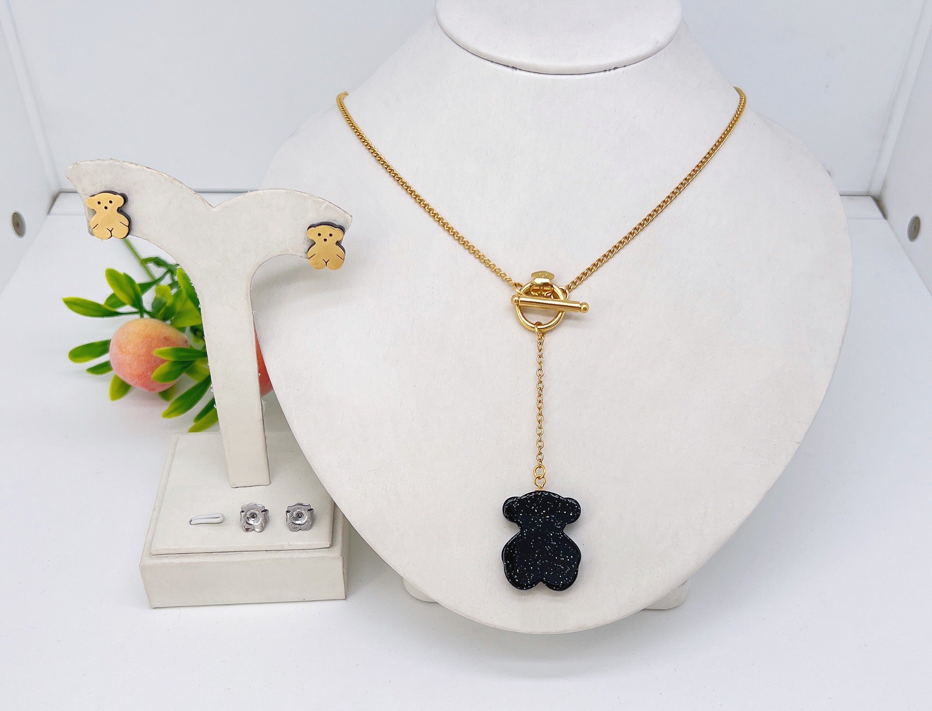 Wholesale Cute Bear Cartoon Stainless Steel Earrings and Necklace Set for Party Wear