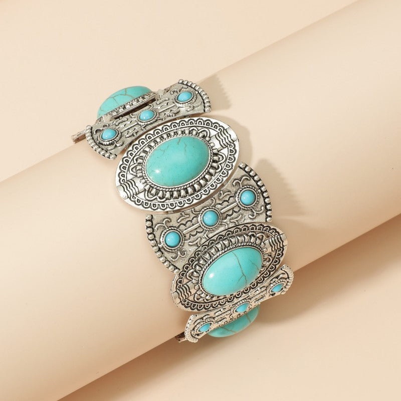 Wholesale Ethnic Style Retro Alloy Turquoise Elastic Bracelet Bohemian Bracelet ACC-BT-JunJie004