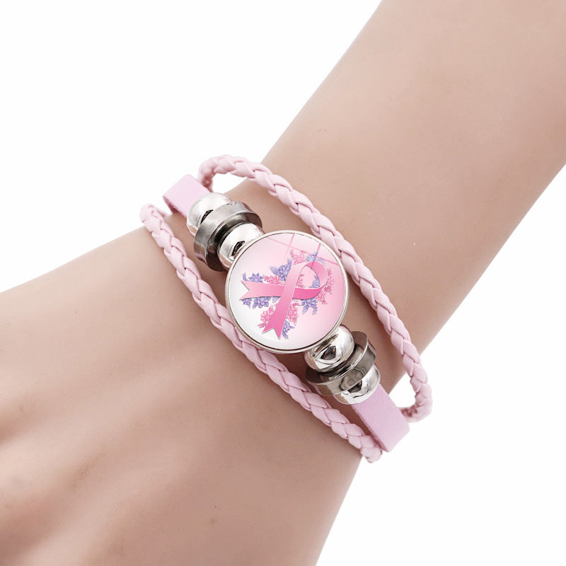 Wholesale Pink Ribbon Breast Consciousness Pink Leather Bracelet