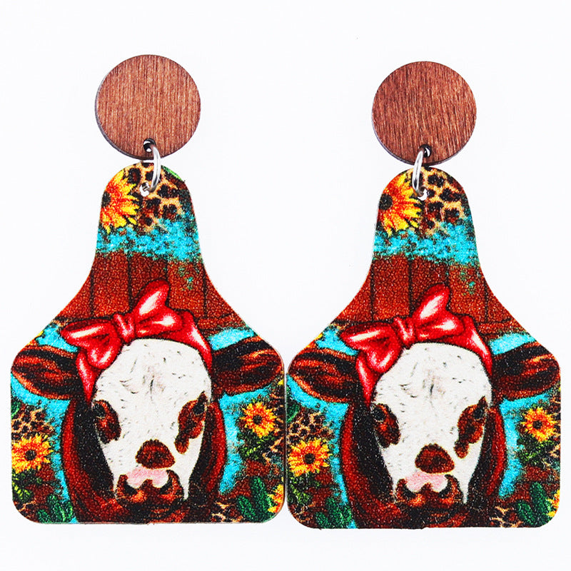 Wholesale Western Old Style Cow Sunflower Leopard Print Leather Bottle Shape Wooden Disc Splicing Earrings