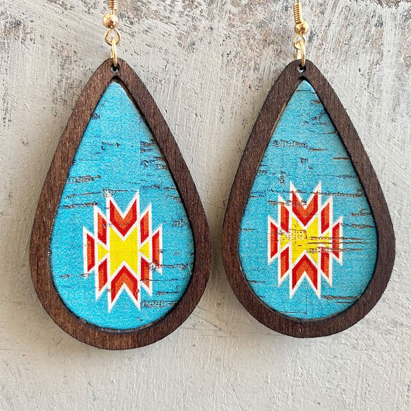 Wholesale 2 pairs/ pack leather and wood-framed printed earrings